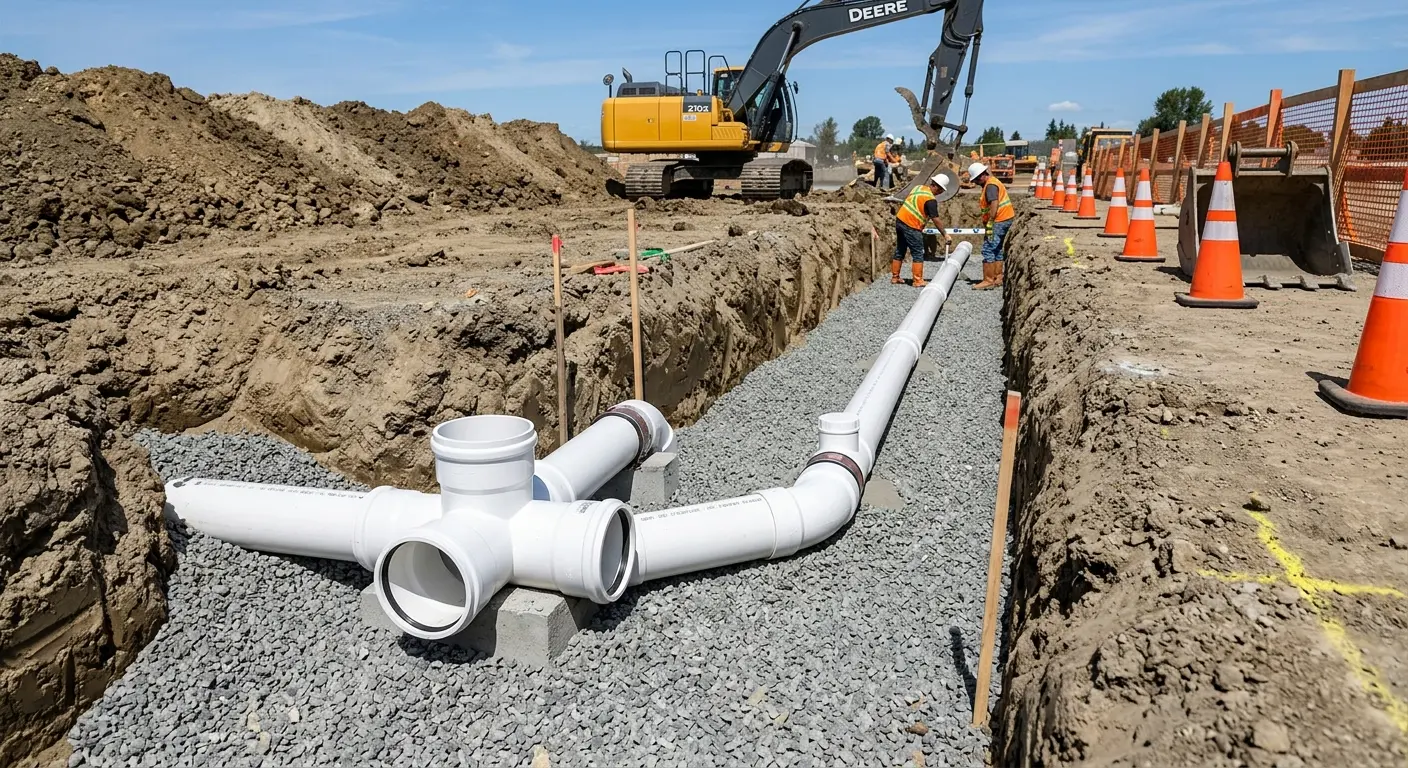 New PVC sewer pipe installation in open trench for Commercial Drain Cleaning in Marana