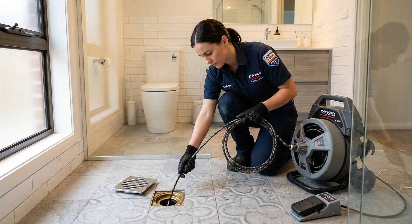 Technician clearing a bathroom floor drain for Clogged Drain Repair in Marana